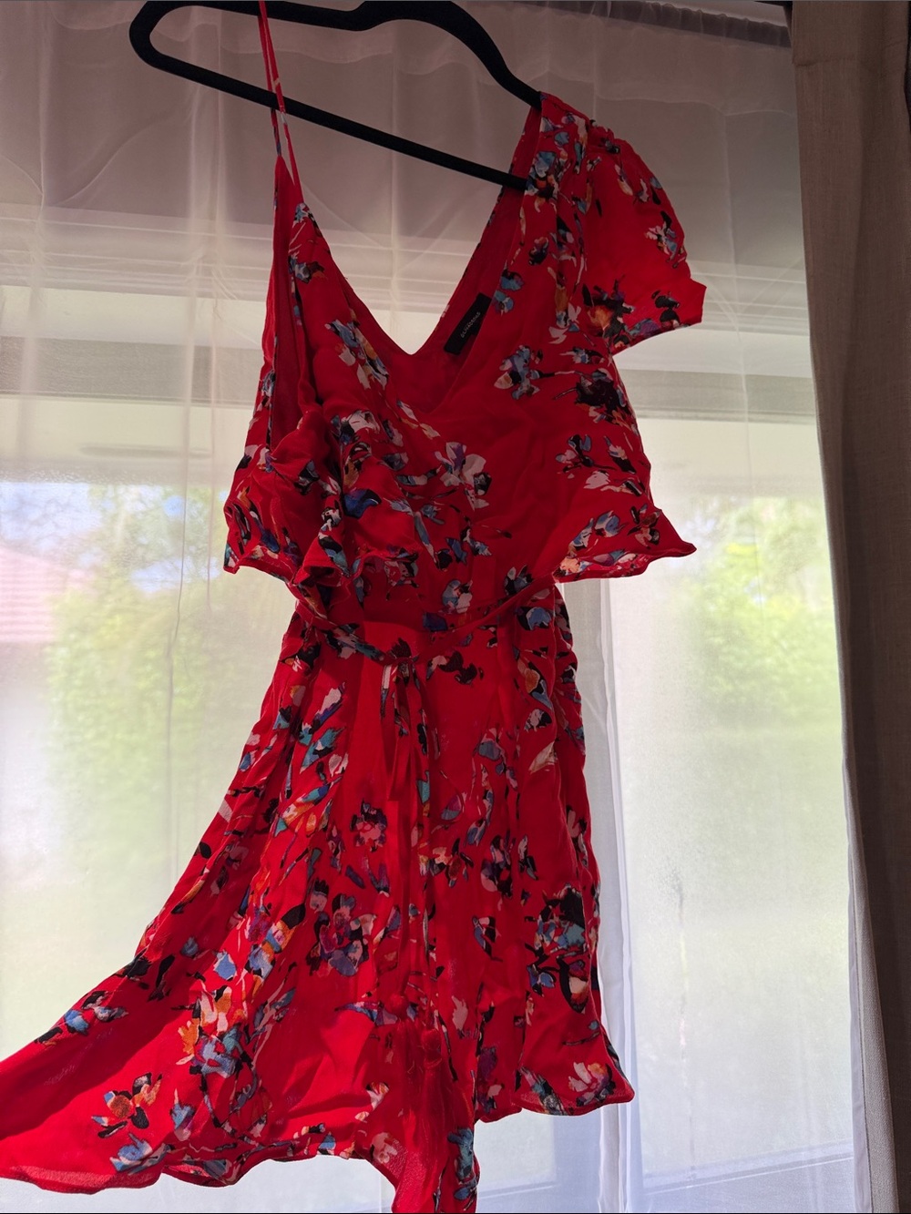 Olivaceous Red Floral Ruffle Wrap Romper